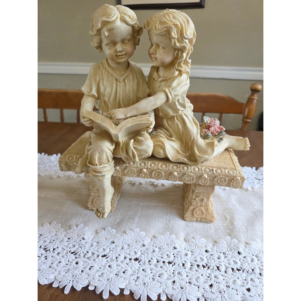 Vintage Resin Children Reading on Bench Figurine Ivory Pink Roses 12.5"